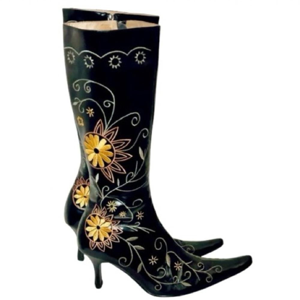 STUNNING Tabitha Black Gold Floral Heeled Boots Tall Embroidered Boho Leather